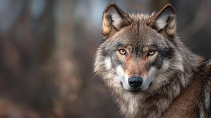   A tight shot of a wolf's expressive face against a softly blurred backdrop of trees