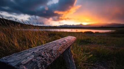 Wall Mural -  A wooden bench atop a verdant field, beside a tranquil body of water, beneath a cloud-studded sky