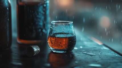 Wall Mural -  A glass holding liquid sits beside an unopened soda bottle and a cork atop a wooden table