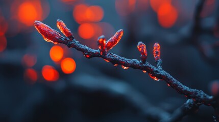 Poster -  A tree branch in sharp focus with a blurred background of red and orange lights