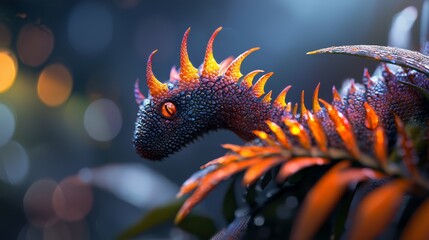 Canvas Print -  A tight shot of a dragon figurine atop a plant against softly blurred background lights