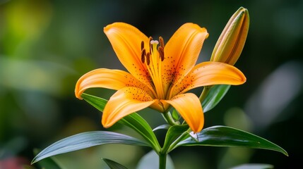  A tight shot of a yellow bloom against a backdrop of blurred greenery - the flower boasts green leaves in the foreground