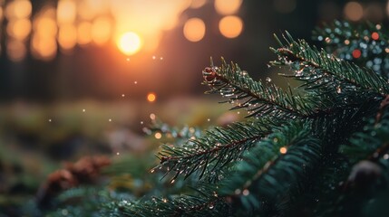 Canvas Print -  A pine tree branch in sharp focus against a sunset backdrop, with forested trees softly blurred in the foreground