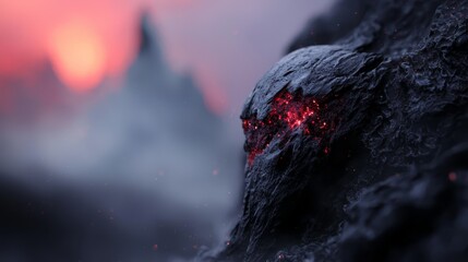  A close-up of a mountain with two red lights emanating from its peak