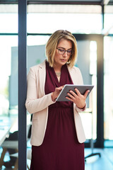 Fototapete - Office, reading and woman with tablet, online schedule or networking email at professional agency. Scroll, search and businesswoman on digital app for business agenda, planning or web communication
