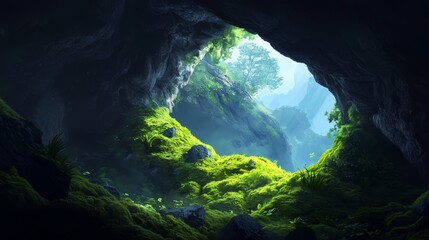 Wall Mural -  A cave surrounded by a dense forest of numerous green plants, featuring a large rock face in its midst