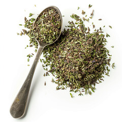 Wall Mural - Heap of dried thyme and a spoonful of thyme powder