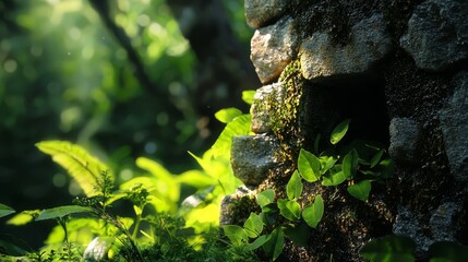  A moss-covered rock wall in a verdant forest, teeming with numerous green plants, some growing directly from it