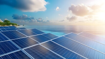 Sticker - Solar Panels on Beach with Ocean View, Renewable Energy