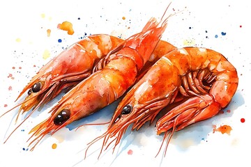 Canvas Print - Watercolor Painting of Three Shrimps with Splashes of Color.