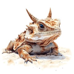 Wall Mural - Horned Lizard, Watercolor Illustration, Desert Reptile, Animal Portrait.