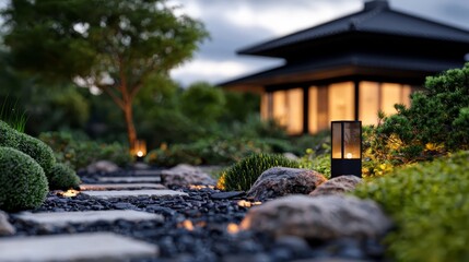 Wall Mural -  A stone pathway winds to a structure, lantern aglow at its center Surrounding it are scattered rocks and lush bushes