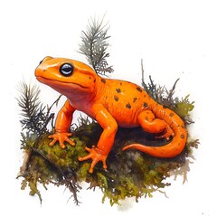 Canvas Print - Watercolor illustration of an orange salamander on moss with white background.