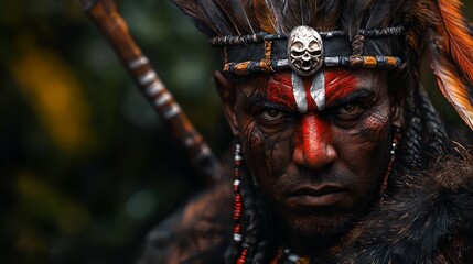 Sticker -  A tight shot of a man adorned with a feathered headdress atop his head, and a skull positioned prominently on his forehead