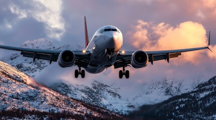 Wall Mural -  A large jetliner traverses the cloud-studded sky above a mountain, its peak crowned with snow and pine trees bearing white caps