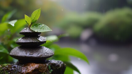 Wall Mural -  A stack of rocks topped with a single green leaf