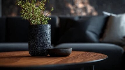 Sticker -  A wooden table holds a black vase, filled with a plant The vase rests atop the table Nearby, a black couch resides