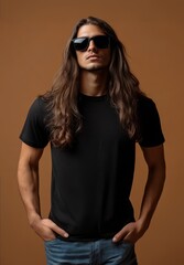 Sticker - Model with long hair poses confidently, displaying a plain t-shirt effortlessly