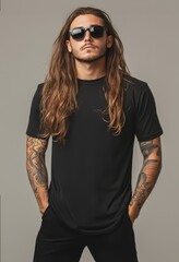 Sticker - Model with long hair poses confidently, displaying a plain t-shirt effortlessly