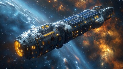 solar-powered spaceship in deep space: a spaceship with solar panels floating in the vast, empty exp