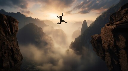 Wall Mural - Silhouette of a person jumping from a rocky ledge with a misty