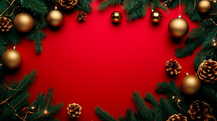 Festive Christmas background with red and gold tree ball on a red backdrop, holiday decoration with pine branches and copy space