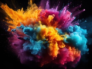 Wall Mural - Explosion of holi colors on dark background.