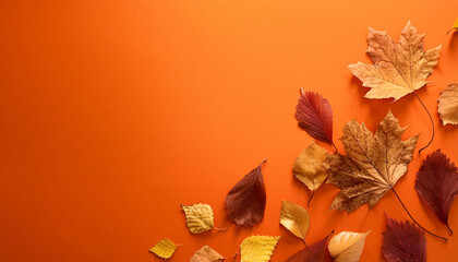 Aufkleber - Autumn Leaves on Vibrant Orange Background. Collection of Dry, Crisp Foliage Showcasing the Warm Hues of Fall with Maple and Birch Leaves Arranged in a Natural, Seasonal Composition