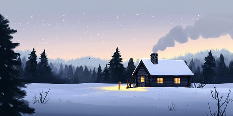 Wall Mural - Cabin sitting alone in a snowy clearing, with smoke drifting from its stone chimney, flat illustration