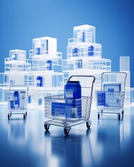 Poster - Blue e commerce theme on silver background with pixelated shopping cart patterns