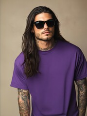 Sticker - Model with long hair wearing a blank t-shirt and sunglasses poses confidently