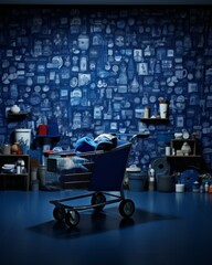 Wall Mural - Blue e commerce interface on silver background with pixelated shopping cart patterns