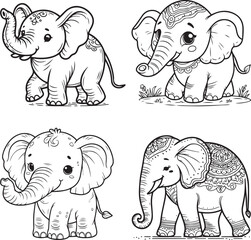 Wall Mural - A elephant line art coloring book illustration set for kids