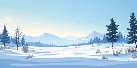 Wall Mural - Broad, flat plain of snow, with scattered trees and a faint line of mountains far away, flat illustration