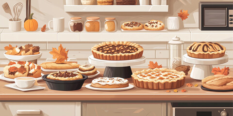 Wall Mural - Selection of autumn-themed baked goods like pies and pastries on a kitchen counter, flat illustration