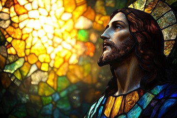 Wall Mural - Stained Glass Jesus: Sermon on the Mount with Blues & Greens, Golden Divine Light , ai