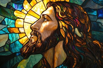 Wall Mural - Stained Glass Jesus: Sermon on the Mount with Blues & Greens, Golden Divine Light , ai