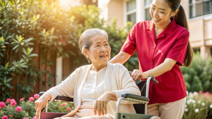 Sticker - elderly asian senior woman on wheelchair with asia.