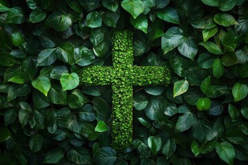 Wall Mural - The Christianity cross of green leaves. Baptism, Easter, church holiday background , ai