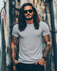 Poster - Model with long hair poses confidently in a blank t-shirt outdoors