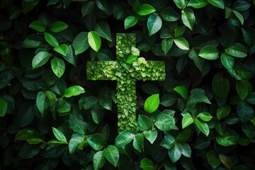 Wall Mural - The Christianity cross of green leaves. Baptism, Easter, church holiday background , ai