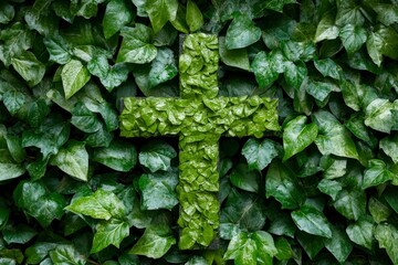 Wall Mural - The Christianity cross of green leaves. Baptism, Easter, church holiday background , ai