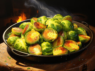 Vegetarian cuisine, homemade brussels sprouts roasted with olive oil in the plate.