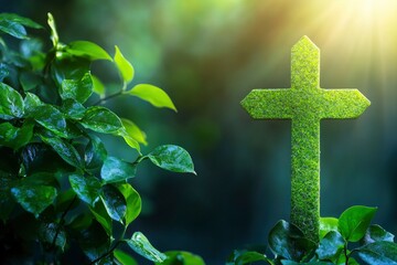 The Christianity cross of green leaves. Baptism, Easter, church holiday background , ai