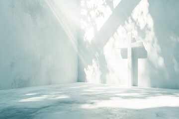 very bright image of a cross on a white outdoor studio background with beautiful lighting , ai