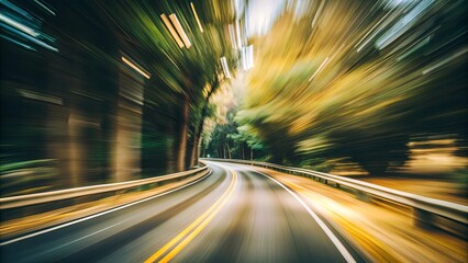 Poster - A blurry shot of a road with trees in the background
