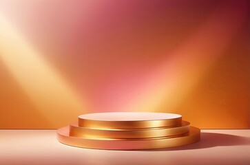 Warm golden round podium with soft sunlight streaming in, set on a gradient background transitioning from gold to orange, ideal for beauty products. Made with generative AI technology