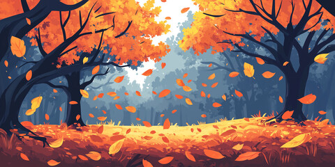 Wall Mural - Fallen leaves covering the ground with more leaves gently drifting down from the trees, flat illustration