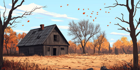 Wall Mural - Old wooden farmhouse with a steep roof, surrounded by scattered leaves and bare trees, flat illustration