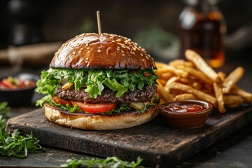 Wall Mural - A delicious gourmet burger features a juicy patty, fresh lettuce, tomatoes, and crispy fries served alongside dipping sauce in a rustic atmosphere